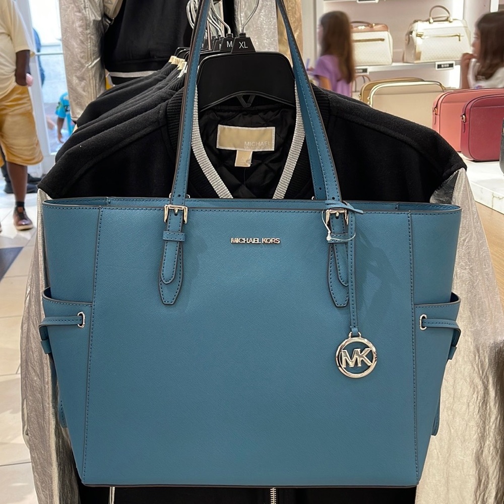 Michael Kors Gilly Large Drawstring Travel Leather Top Zip Tote
 Color: TEAL
NWT - Picture 3 of 16